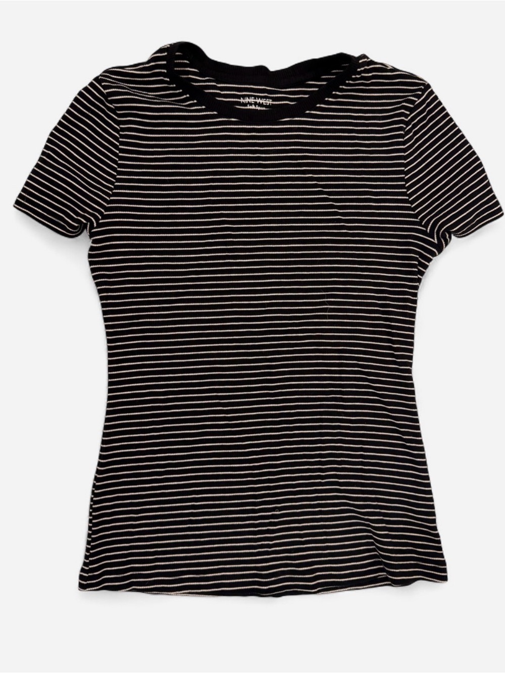 Nine West Soft Spun Black & White Striped Ribbed Tee Size Medium
